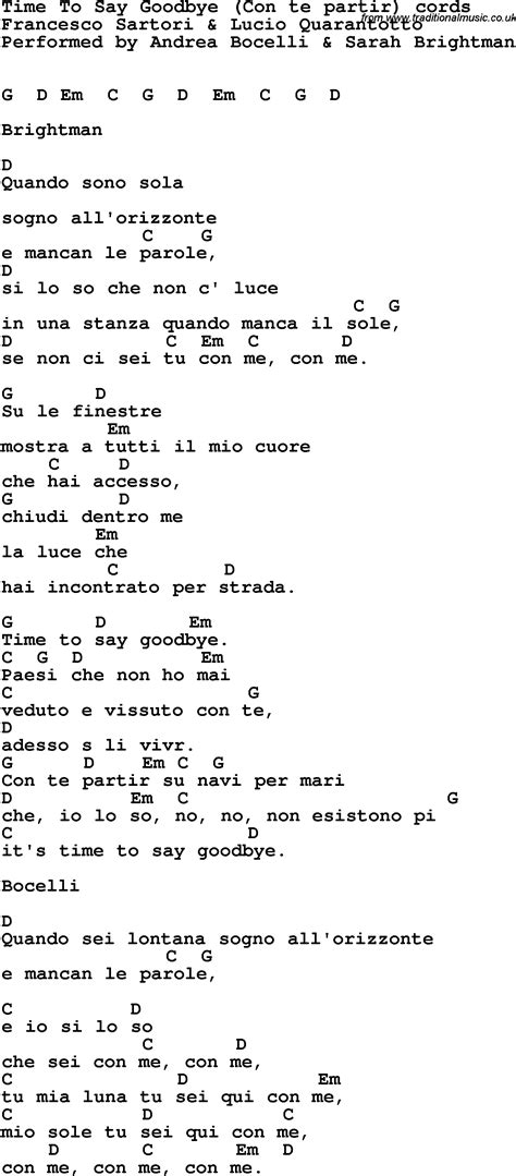 Song lyrics with guitar chords for Time To Say Goodbye