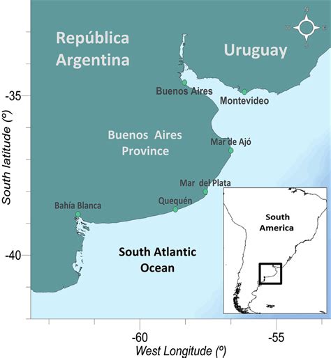Buenos Aires Province coast (Argentina). A map of South America is