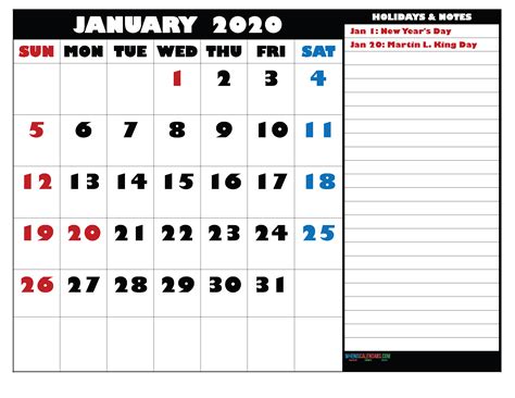 January 2020 Calendar With Holidays Free Printable
