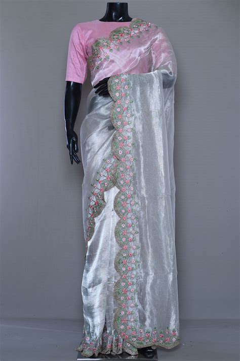 Buy Gold Resham Embroidered Tissue Designer Saree Online Saree