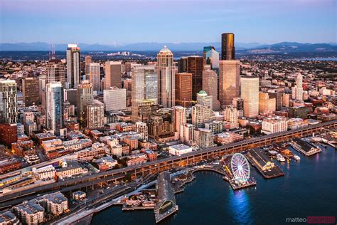 Aerial View Of Seattle Downtown And The Great Wheel At Sunset Usa