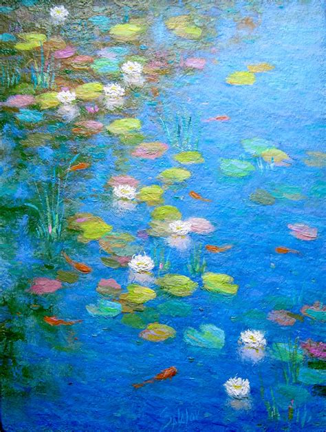 Koi Fish Painting On Canvas Water Lily Pond Oil On Canvas Etsy In