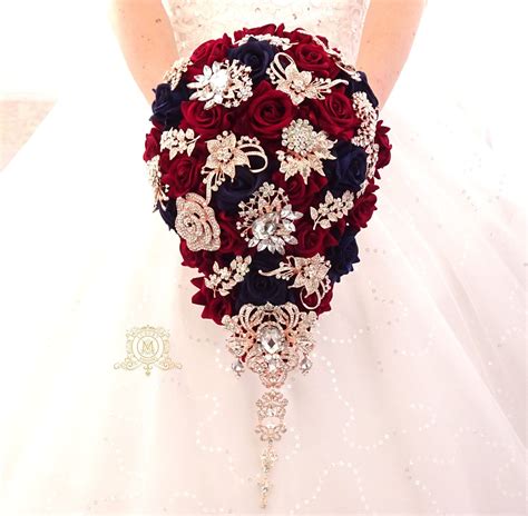 Bouquet in rich red tones. Burgundy and Navy blue rose gold Teardrop brooch bouquet ...