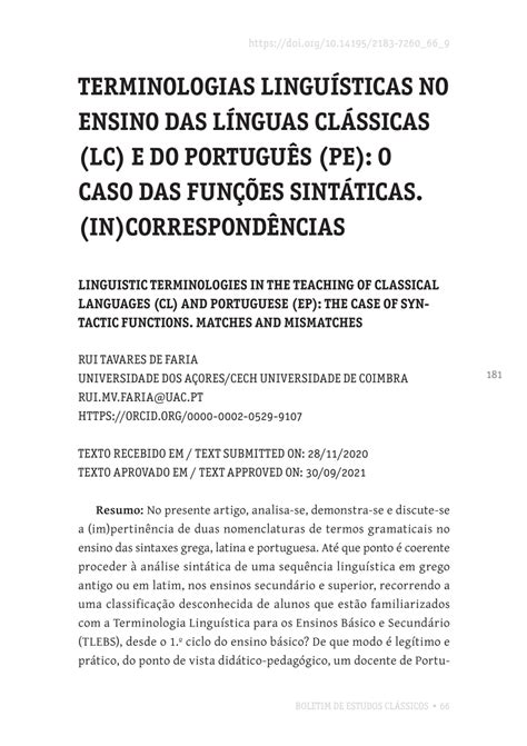 Pdf Terminologias Linguísticas No Ensino Das Línguas Clássicas Lc E