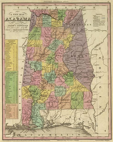 1836 Atlas Map Of Alabama With Its Roads And Distances From Place To