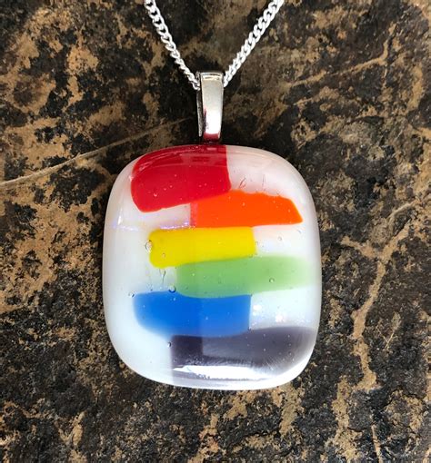 Colorful Rainbow Fused Glass Pendant On White With Curb Chain Necklace New Hand Crafted