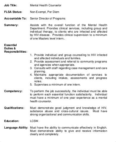 Two (2) years of experience working in hospital/clinical services access or billing and collections insurance. FREE 8+ Mental Health Counselor Job Description Samples in ...