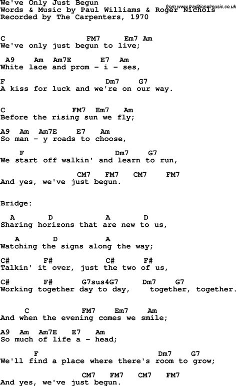 Song Lyrics With Guitar Chords For Weve Only Just Begun Carpenters The 1970