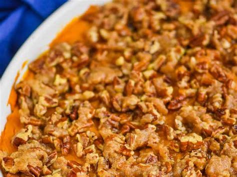 Mix sweet potatoes, sugar, spices, 1/3 cup butter, eggs and vanilla. Sweet Potato Casserole Recipe With Pecan Topping Paula ...
