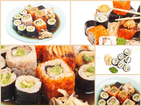 Collage With Sushi Rolls Japanese Food Isolated On White Background