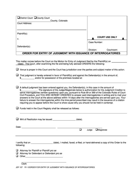 Fillable Order For Entry Of Judgment With Issuance Of Interrogatories