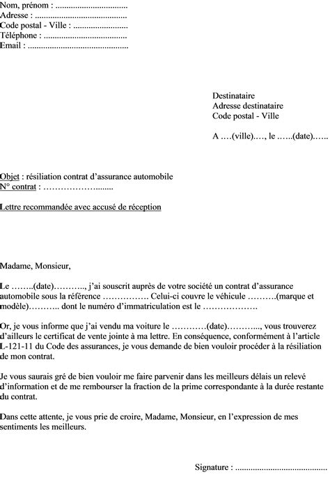 Modèle de lettre de résiliation pour un contrat d'assurance auto. Modèle lettre de résiliation contrat d'assurance voiture au motif de la vente du véhicule