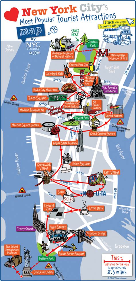 New York City Most Popular Attractions Map Nyc Tourist Map Printable