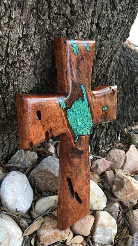 Each lamp is crowned with a solid copper shade. Mesquite wood cross with turquoise inlay | Wood crosses ...