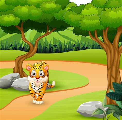 Tigre De Miedo Salvaje Caminando En La Selva Vector Premium
