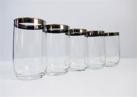 Set Of 5 Vintage Silver Rimmed Dorothy Thorpe Style Small Tumblers Retro Mid Century Mad Men