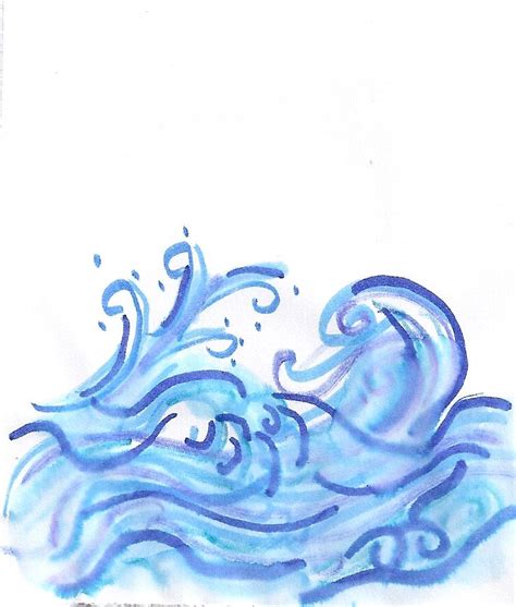 An Artistic Drawing Of Blue Waves In The Ocean On White Paper With