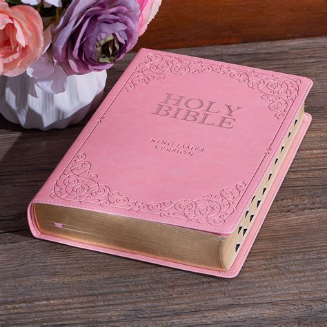 pink faux leather giant print full size king james version bible with thumb index