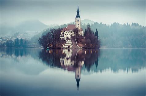 Wallpaper Landscape Lake Water Reflection Morning Mist Church