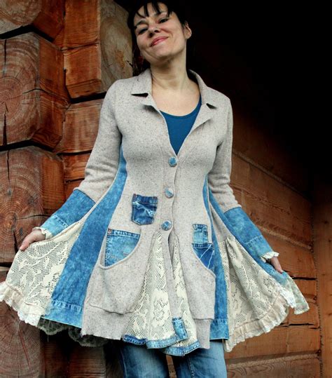 Jeans And Sweater Recycled Jacket Coat Hippie Boho By Jamfashion