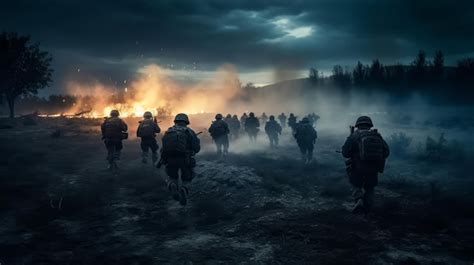 Premium Ai Image War Battlefield Scene With Soldiers Going To War