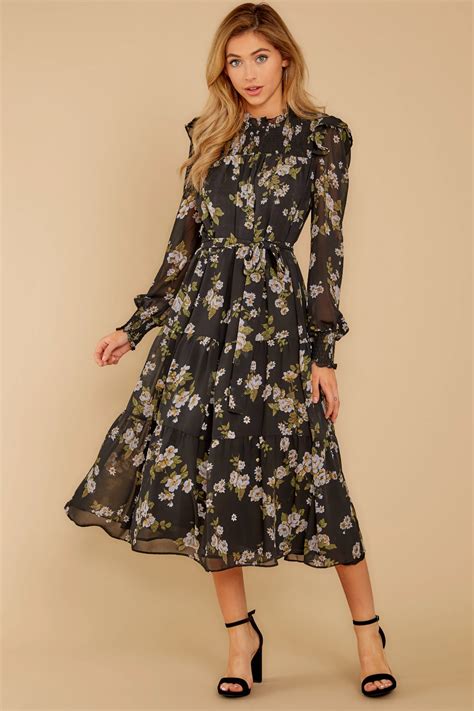 Flirty Black Dress Floral Print Smocked Long Sleeve Dress 5400