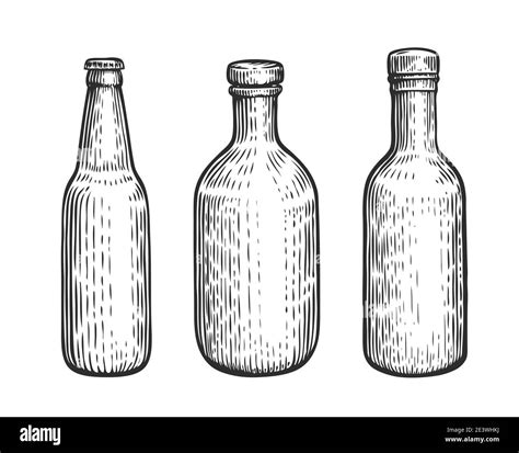 Glass Bottles Set Alcoholic Beverages Sketch Vintage Vector