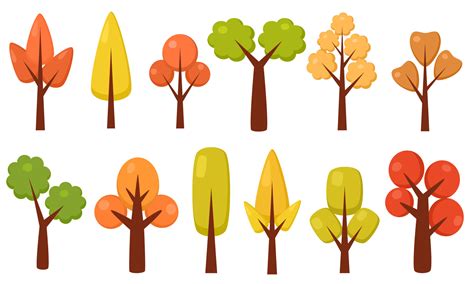 Cartoon Autumn Tree Collection Seasonal Tree With Different Leaves