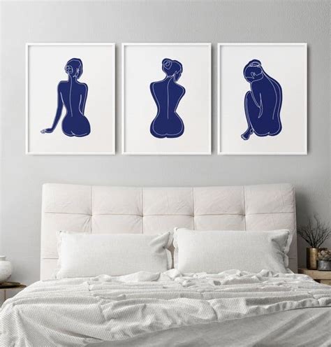 Blue Bedroom Wall Art Above Bed Decor Naked Nude Woman Line Etsy