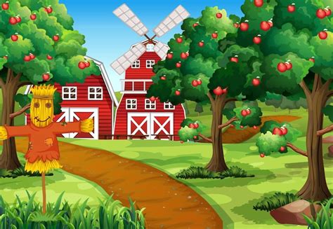 Premium Vector Farm Scene With Red Barn And Windmill