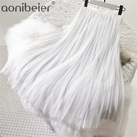 Aonibeier Elastic High Waist Women Mesh Skirts Spring Summer Fashion Tipping Detail Glitter