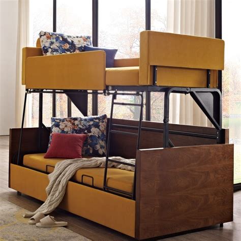 Luxury Modern Folding Wood Bunk Bed Sleeper Sofa Yellow Upholstered