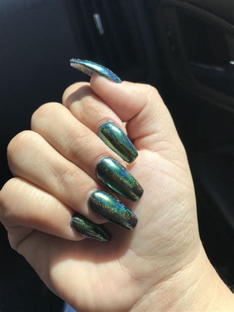 Green Crackle Chrome Coffin Nails Chrome Coffin Nails Coffin Nails