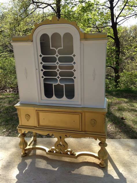 Traditional harden cherry china and hutch with gold pulls and embellishments. Gold Dipped Antique China Cabinet for Sale - Tuesday's Treasures - FunCycled