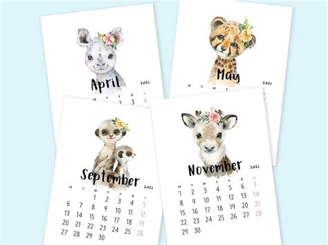 Printable Calendar 2021 Animal Calendar Printable Kids Etsy