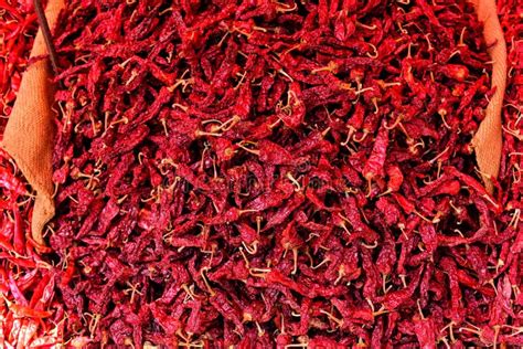 Lots Of Dried Red Chili Peppers In Bags At Indian Street Market Close