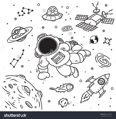 Space Theme Doodle With Cosmonaut Satellite And Planet Planet