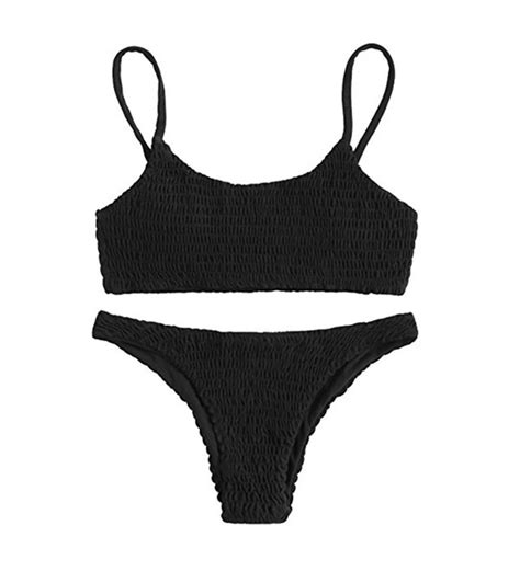 women s bathing suit two piece sexy solid color halter shirred bikini swimsuit black