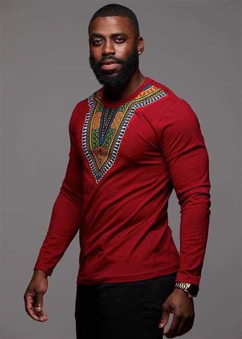 Thabo Mens African Print Dashiki Long Sleeve Shirt Maroon African
