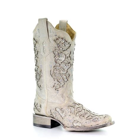 Corral Womens White Square Toe Crystal Inlay Glitter Cowgirl Boot A3397