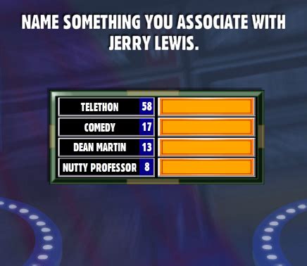 You strain your water so you won't accidentally swallow a gnat, but you swallow a camel! Name Something You Associate With Jerry Lewis. - Family ...
