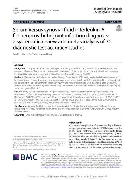 Pdf Serum Versus Synovial Fluid Interleukin 6 For Periprosthetic