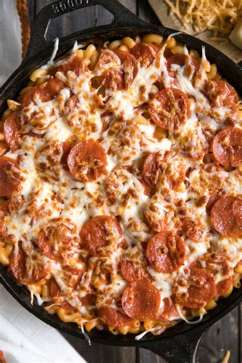 Spray a large casserole dish with cooking spray and spread 1 to 2 cups (150 to 300 g) of the meat sauce across the bottom. Pepperoni Mac and Cheese Skillet | Recipe | Mac, cheese ...