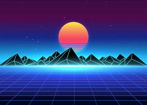 Retro Landscape Skyline With Neon Ray Of Light Grid Sunset And