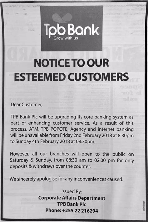 Be prepared to call your customers and make sure they make the switch if they fail to do so in a timely manner. Kitomari Banking & Finance Blog: TPB BANK NOTICE TO CUSTOMERS