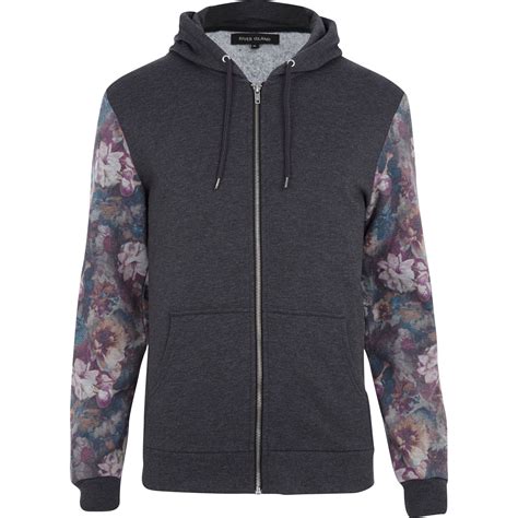 River Island Dark Grey Floral Sleeve Zip Through Hoodie In Floral For