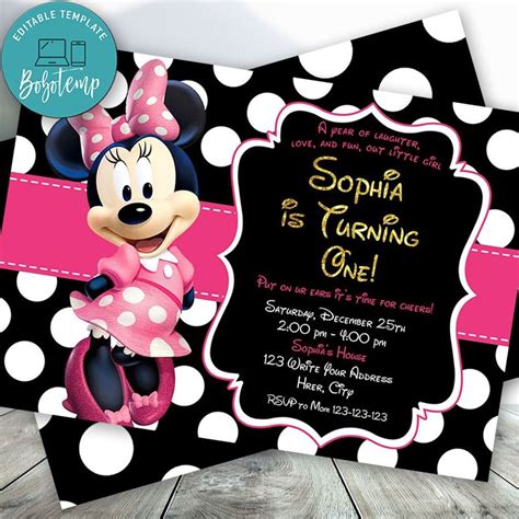 Editable pink & gold minnie mouse invitation, gold glitter floral, baby pink birthday invitation, birthday invitation instant download mmlpg theprintableoccasion 5 out of 5 stars (8,720) sale price $6.99 $ 6.99 $ 9.99 original price $9.99 (30% off. Editable Pink and Gold Minnie Mouse Invitations DIY | Bobotemp