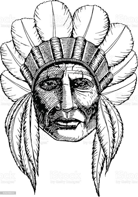 Man In The Native American Indian Chief Handdrawn Vector Illustration