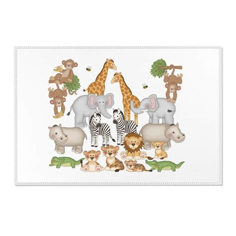 Haba's charming jungle rug features cheerful jungle animals in bright, vibrant colors. SAFARI ANIMALS AREA Rug Baby Boy Nursery Kids Jungle Room ...