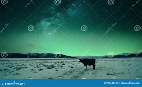 lone cow under milky way aurora night minimalist monochromatic landscape in 32k uhd generative